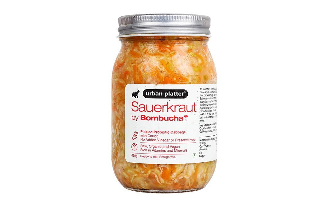 Urban Platter Sauerkraut by Bombucha Pickled Probiotic Cabbage with Carrot   Glass Jar  450 grams